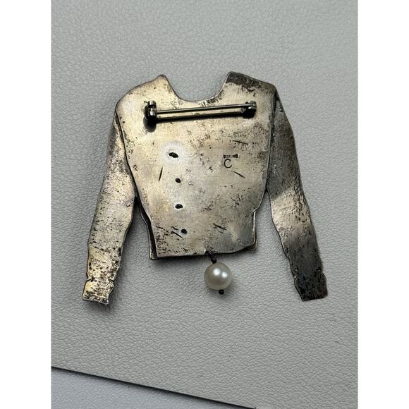 Signed C. Vintage Sterling Silver Brooch Sweater Real Pearls - Picture 8 of 8